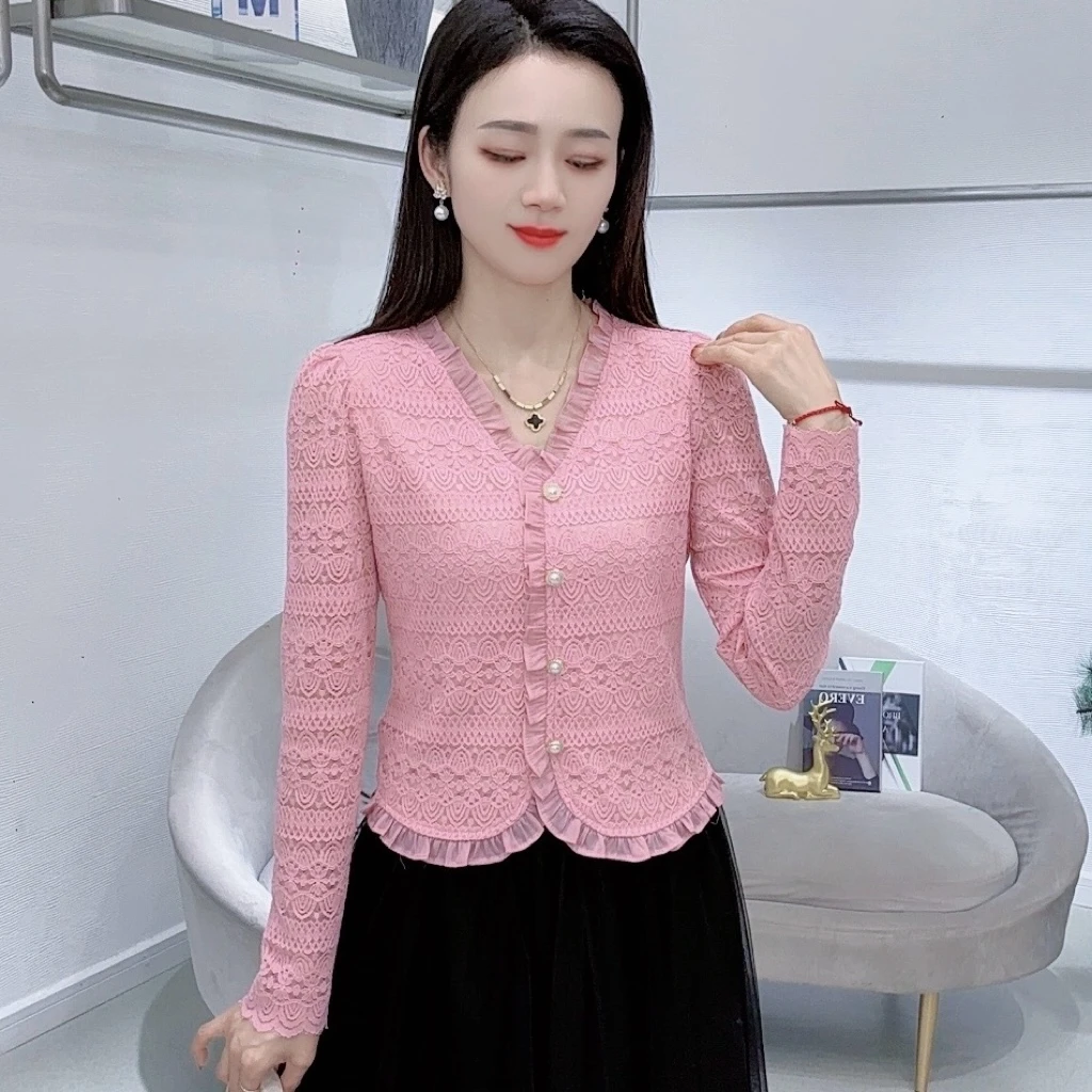 A3821早春新款洋气蕾丝衬衫时尚花边拼接甜美百搭长袖上衣（S-2XL）