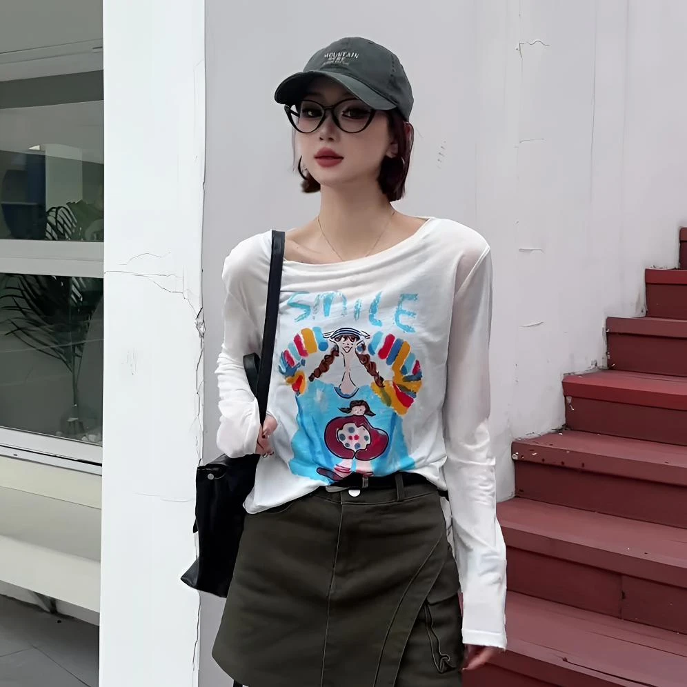 2025年夏季新款印花防晒薄款T恤女韩版气质时尚百搭洋气长袖上衣