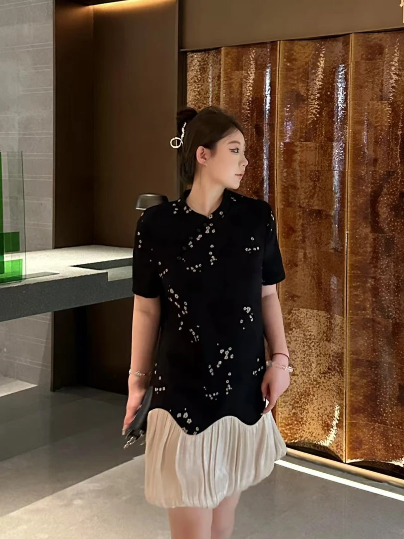 琪琪怪怪大码女装【郁金棠】高级感新中式拼接短款连衣裙D17425QD