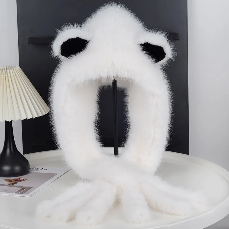 加厚毛绒绒保暖仿狐狸毛耳朵帽子围巾一体围脖冬季护耳显脸小