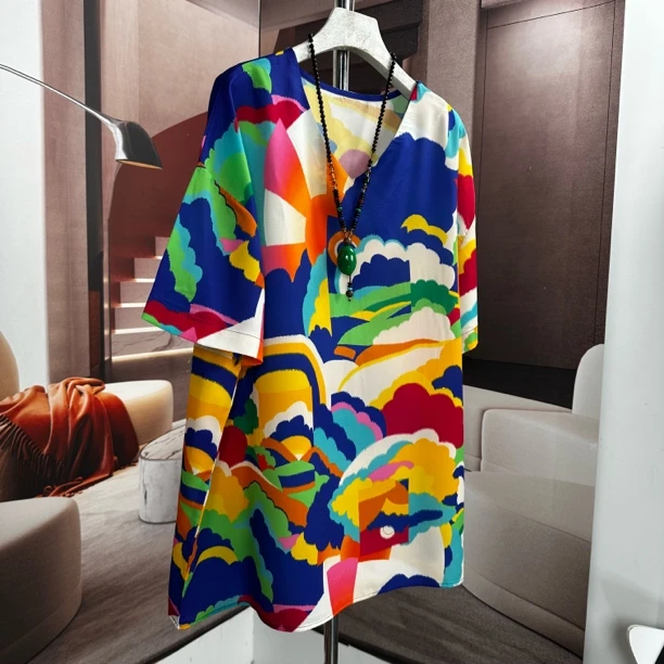 波浪夏季新款宽松女士T恤韩版时尚短袖百搭设计感薄款小衫