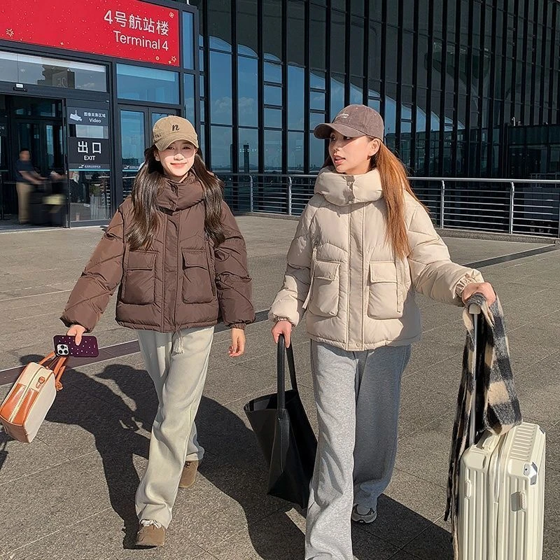 高档棉服加厚女新款创意双兜侧拉链设计纯色小众时尚百搭宽松棉衣