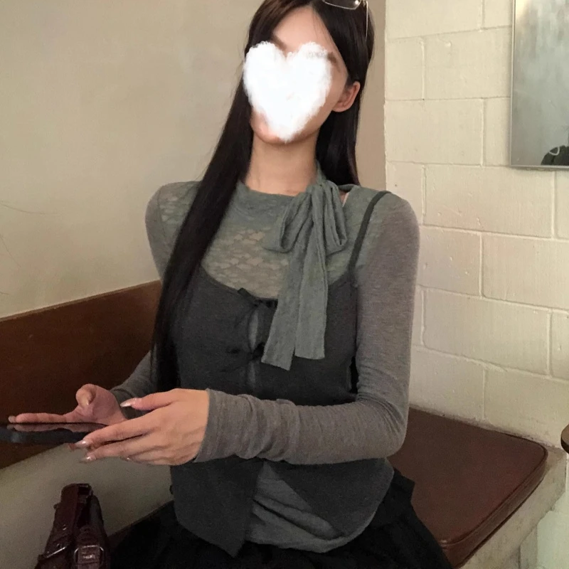 【今天下猫猫雨专属】2025年秋季新款美式复古灰色吊带长袖两件套女