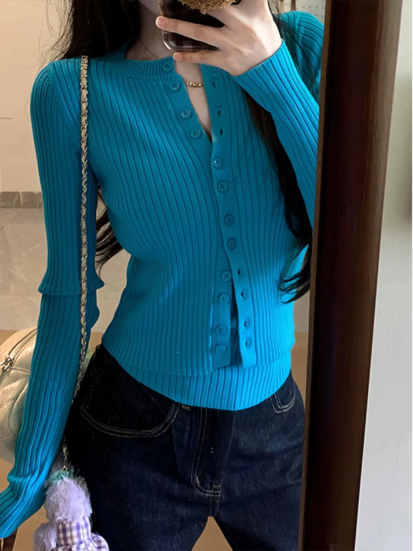 Y·J定制“有点辣”韩系蓝色针织开衫背心两件套