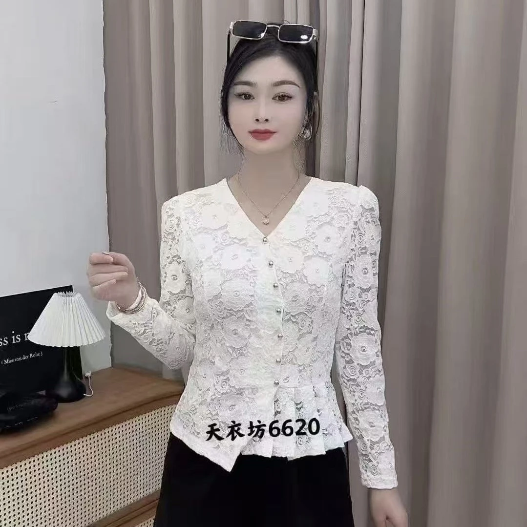 镂空6620蕾丝打底衫荷叶摆设计遮肚子减龄洋气百搭上衣