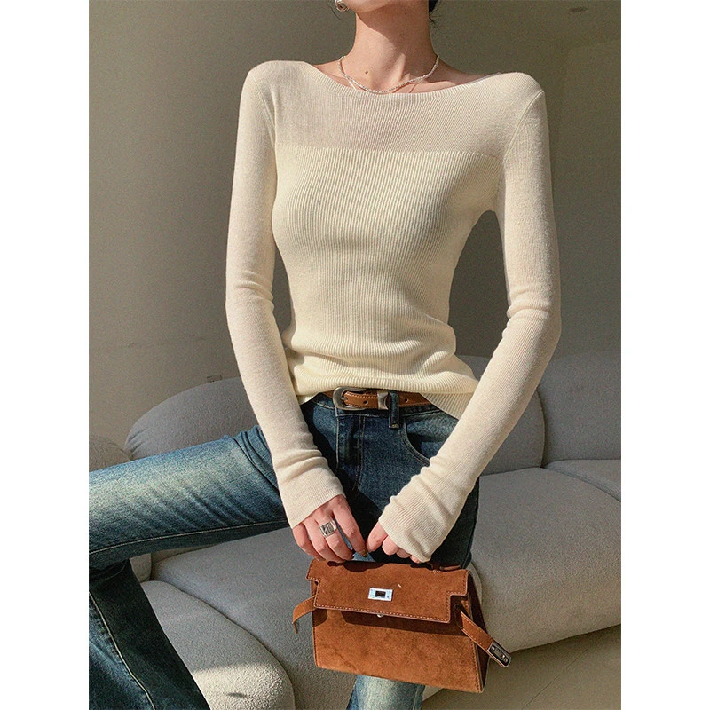 JWUNIQUE酒窝米色长袖针织衫女秋冬2025修身显瘦设计感打底衫上衣