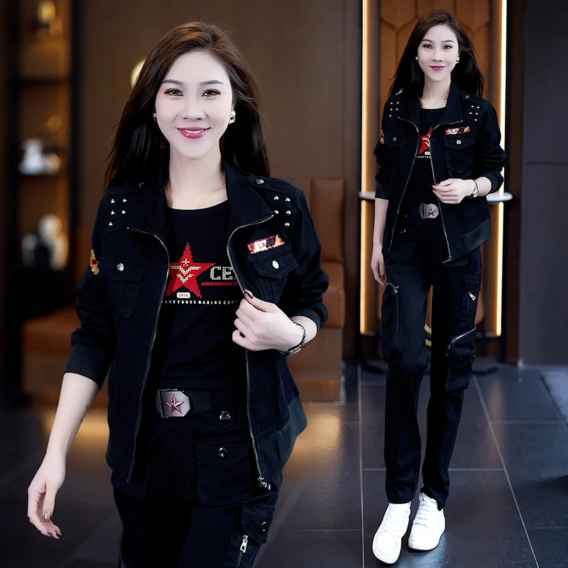 户外迷彩服女春秋新款时尚宽松洋气显瘦百搭大码外套长裤三件套