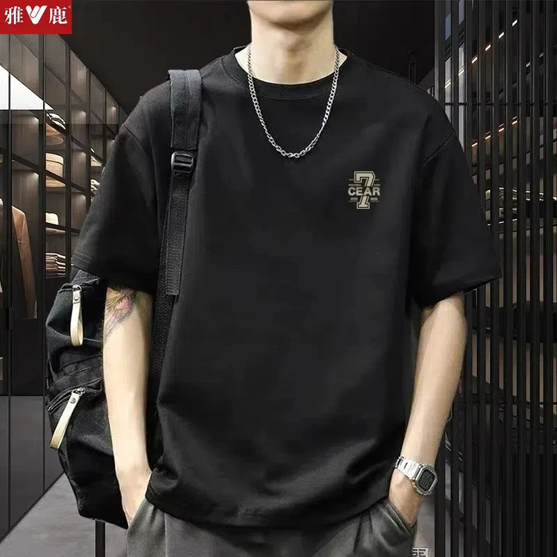 雅鹿爆款2025夏新款纯棉短袖t恤男圆领潮流纯棉网红款男士短袖t恤