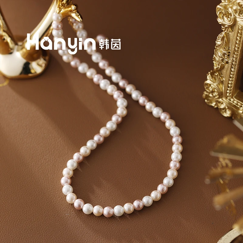 铜合金仿珍珠项链 46cm/6mm手工满串粉紫混彩色珠珠项链