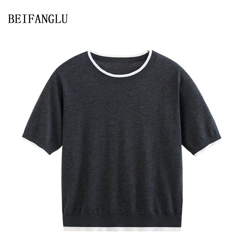 北方鹿 高级感老钱风！天丝三醋酯羊绒拼色假两件针织薄短袖女6658