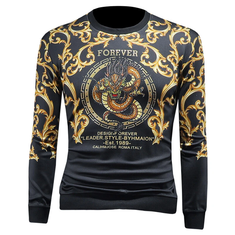 荷波撒纳温欧洲站印花龙图案长袖卫衣秋冬季潮流圆领修身时尚上衣