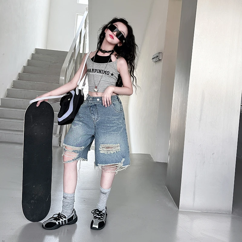 【毛妈潮牌】女童夏季破洞牛仔短裤套装2025新款大童宽松洋气两件套