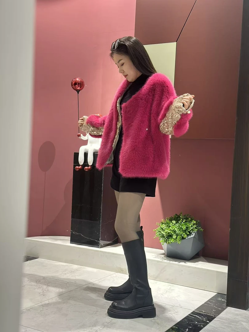人造皮草 环保皮草外套女貉子毛粉色短款2025秋冬新款网红
