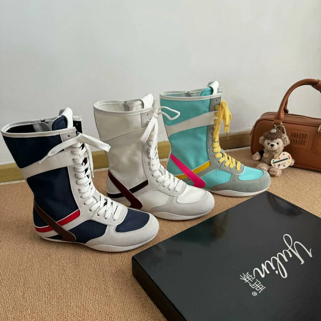 【YULIN】多巴胺拼色~德训骑士靴绑带平底马丁靴高帮运动休闲鞋