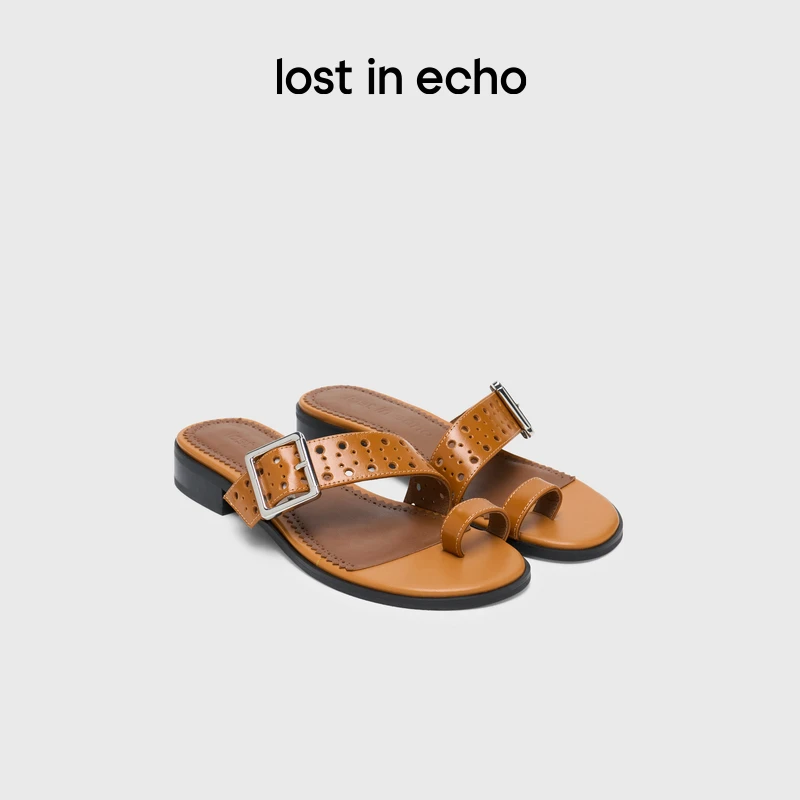 lost in echo2025春夏新款简约布洛克套趾一字带轻便薄底凉拖鞋女
