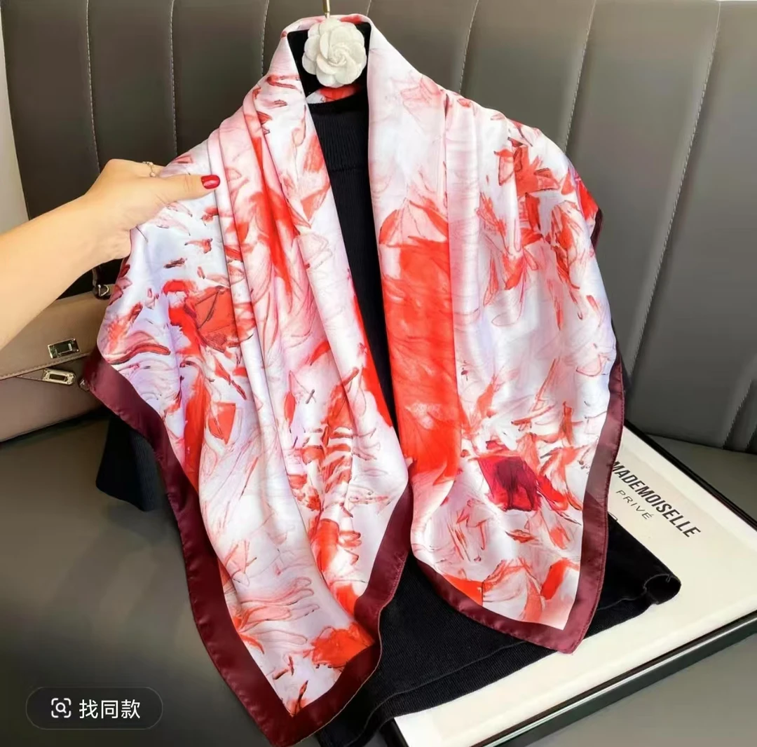 如梦令90*90双面大方巾气质丝巾双色花色外搭红色时尚夏季百搭
