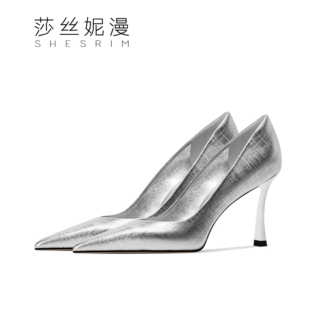 2025春季新款金属风浅口高跟鞋性感尖头细高跟女士细跟跟鞋银色