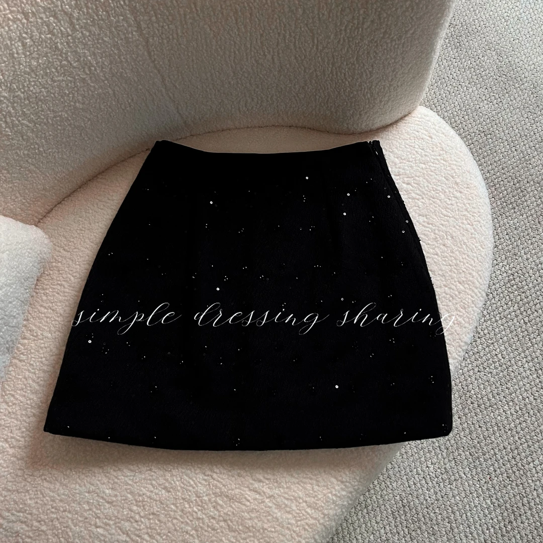 路瑶定制【璀璨星空】高腰休闲风亮片短裙秋冬百褶半裙25L092