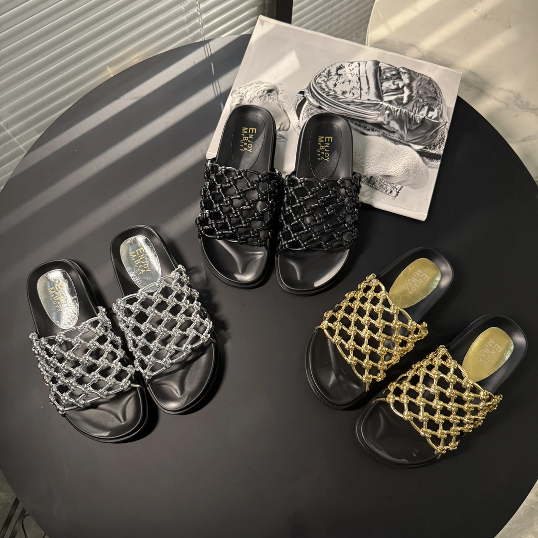 【老罗专属】EM2025编织平底小众透气一字凉拖渔网凉鞋610-1A