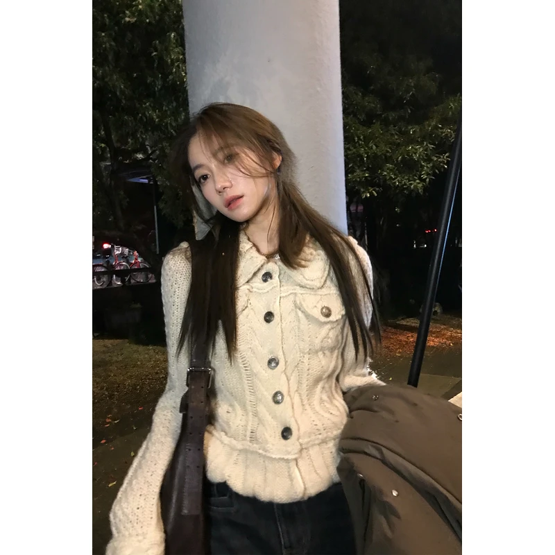 11/14秋冬上新CUN BLVD 绞花翻领毛衣韩系显瘦针织小开衫