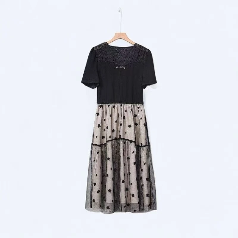 L655夏季新款V领拼接网纱波点连衣裙女复古显瘦收腰