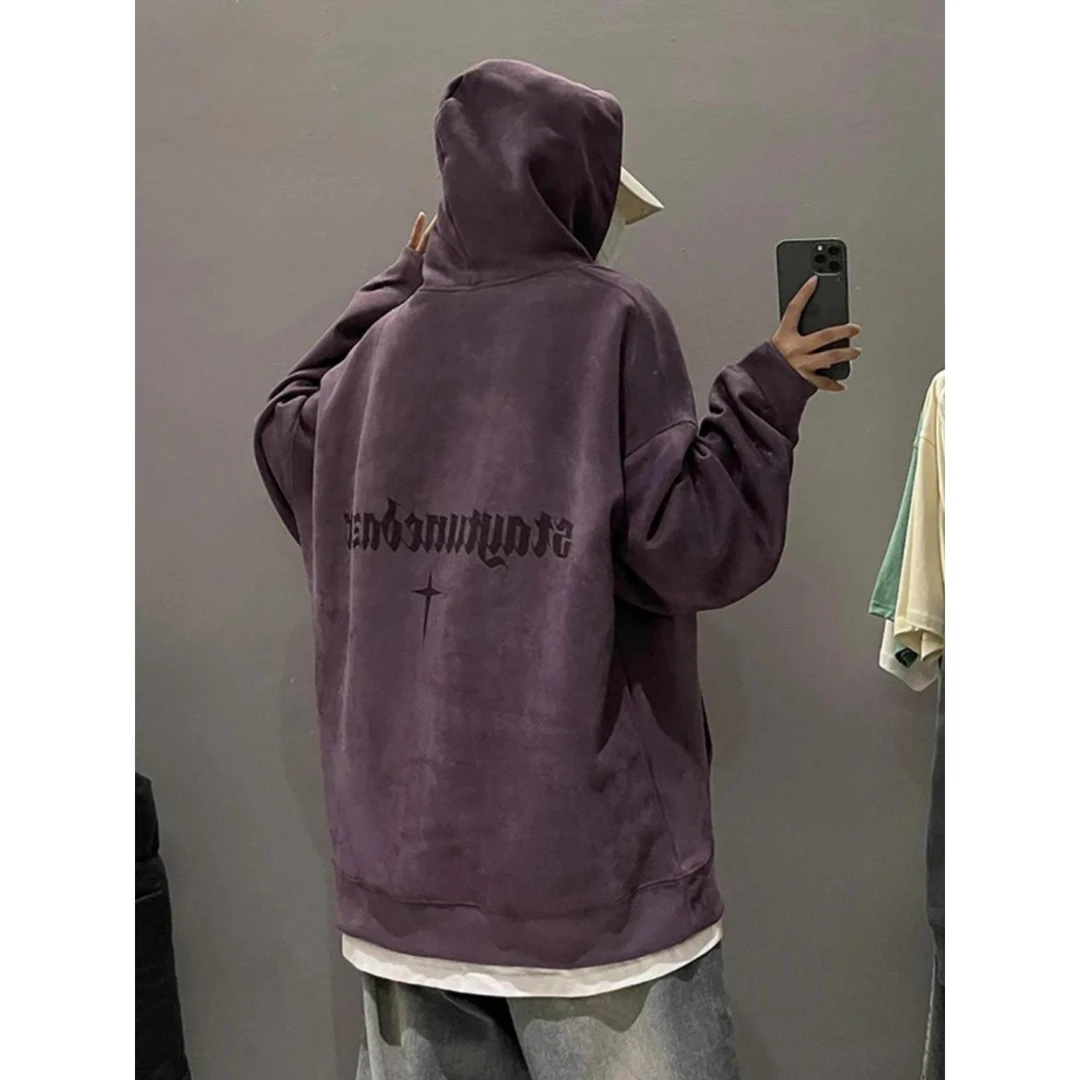 大码300斤重磅仿麂皮连帽卫衣男女装秋冬款美式情侣宽松休闲外套