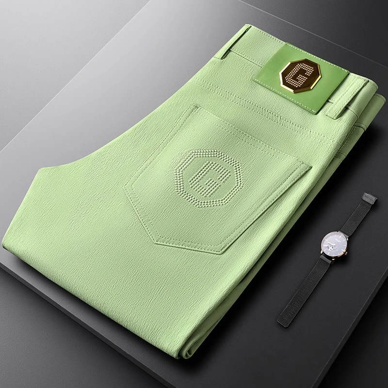 轻奢男士浅绿色休闲裤夏季轻薄柔软修身帅气弹力小直筒彩色裤子男