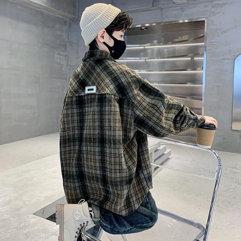 男童春秋款薄绒外套工装2025新款儿童格子衬衫中大童春秋男童帅气