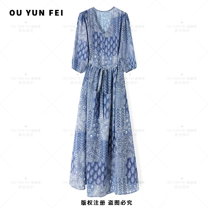 高级感连衣裙女新款气质显瘦穿搭时尚洋气印花长裙AY1377