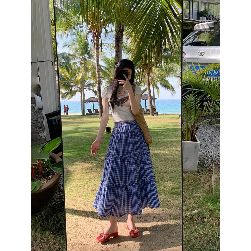 韩系文艺拼接格子半身裙女夏季2025新款高腰a字中长款蛋糕裙