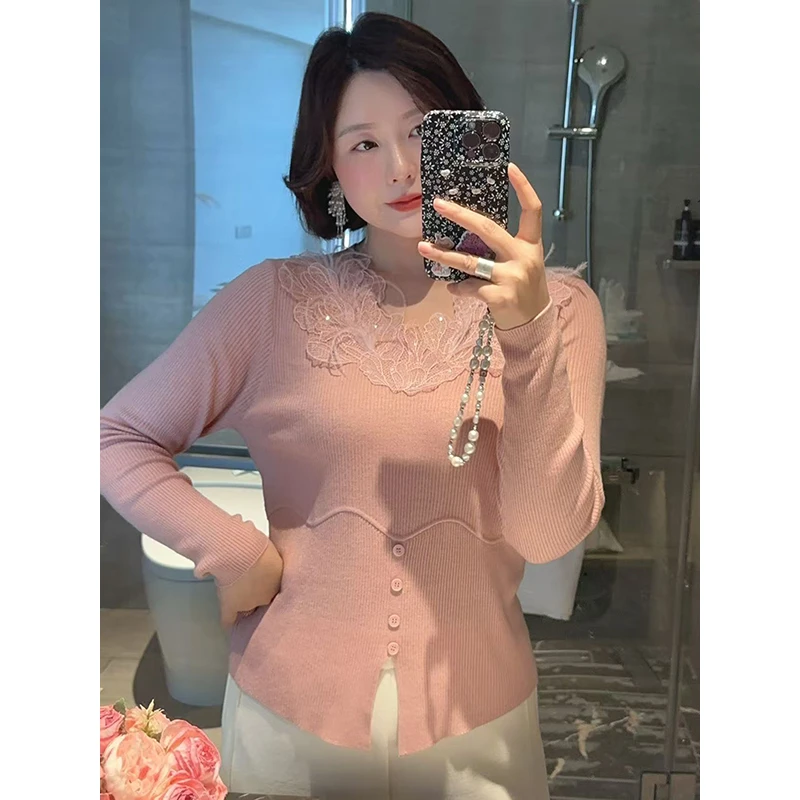 【DIS 定制】【粉色羽毛】韩系蕾丝拼接羊毛针织衫Z525X17778