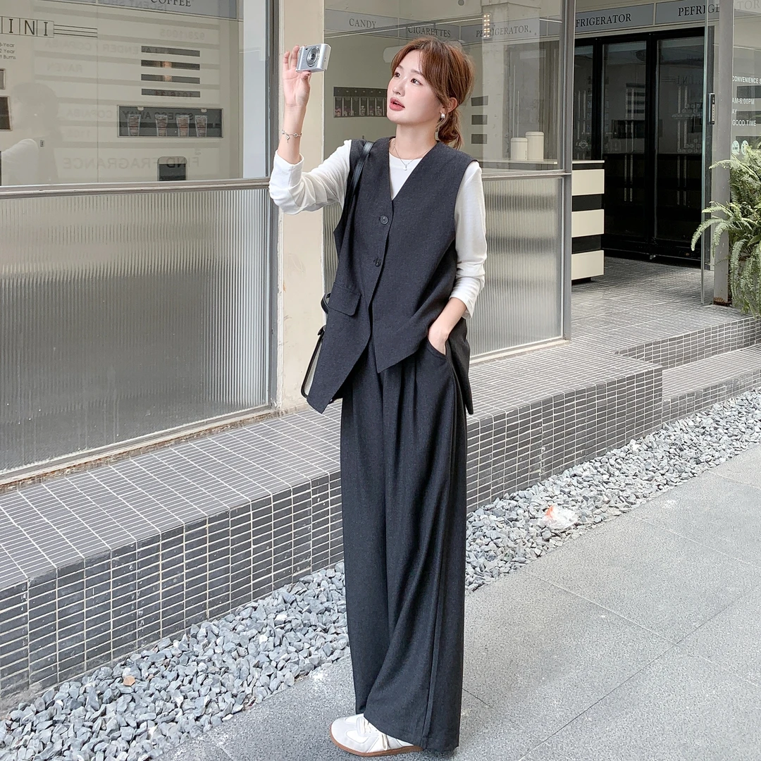老钱风早秋新款套装女气质穿搭ootd灰色高级感马甲阔腿裤两件套