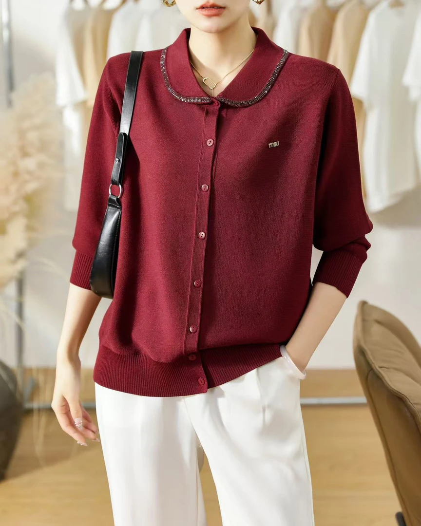 中老年时尚洋气百搭翻领针织开衫妈妈装女装洋气减龄打底