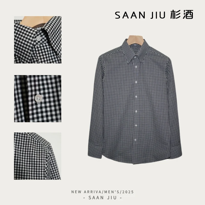SJ2025【经典黑白格】100%棉格纹百搭修身长袖衬衫时尚条纹男长袖