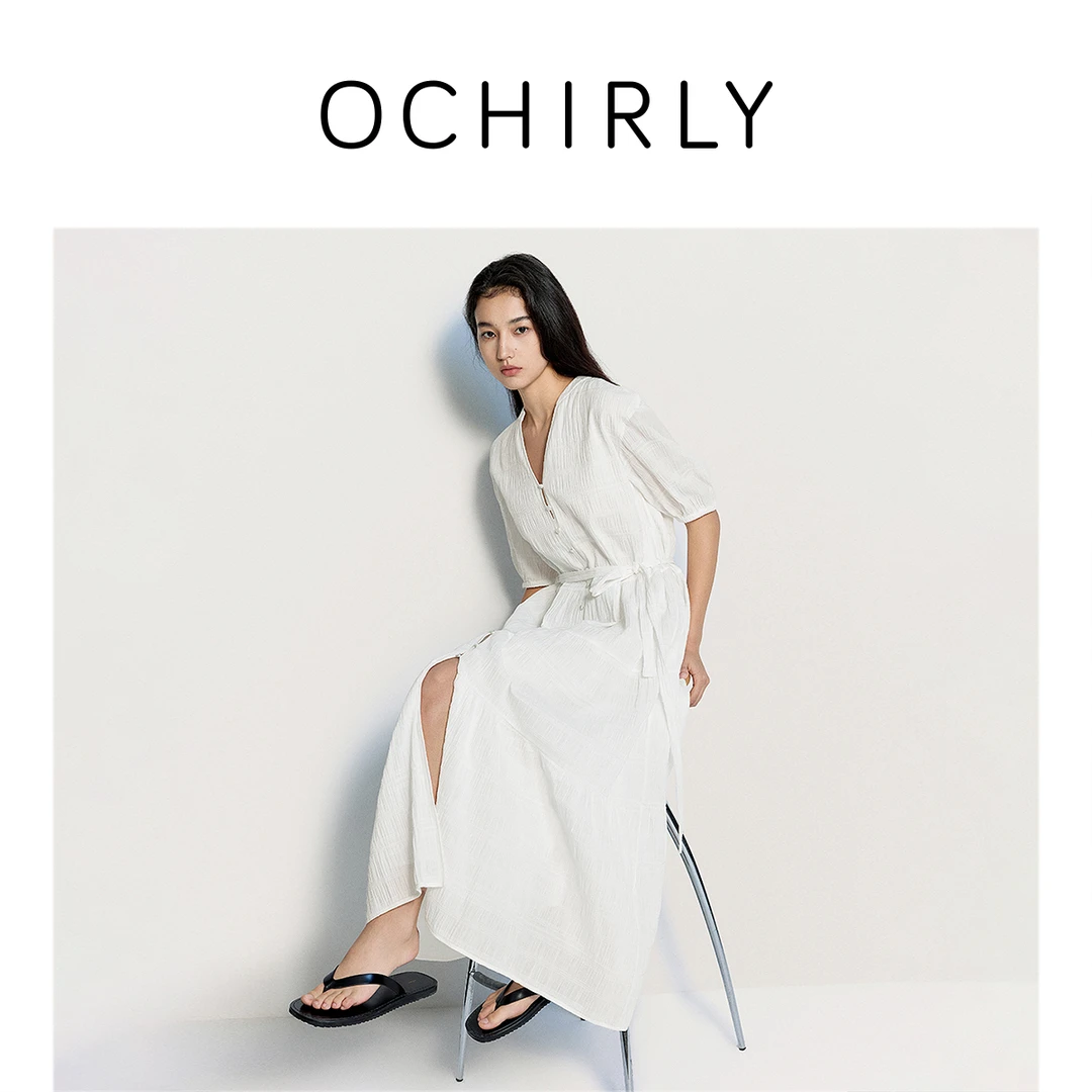【特享折扣】欧时力轻薄缩褶V领中袖连衣裙长裙A字配腰带2025夏新
