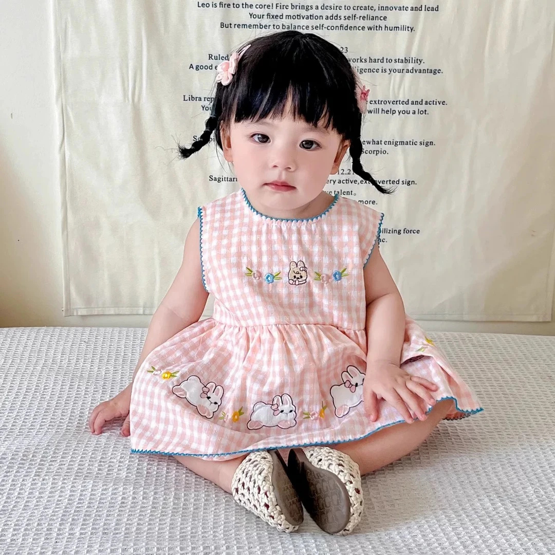 女童2025新款甜美格子背心连衣裙宝宝夏装儿童洋气可爱兔子公主