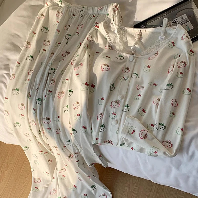 【芭比Kitty】带胸垫假两件睡衣套装女满印Kitty猫少女感家居服套装
