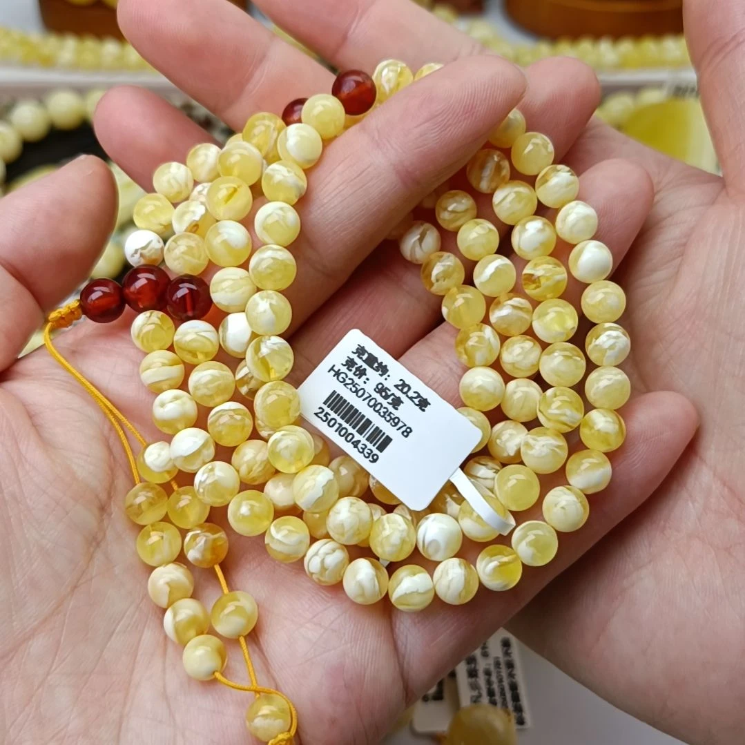 未镶嵌蜜蜡手链6大加圆珠108金瓷白虎皮纹