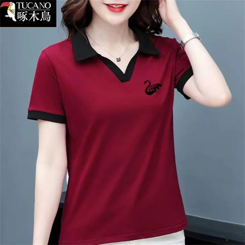 啄木鸟正品翻领短袖夏季遮肚T恤2025年新款印花中年女士减龄上衣