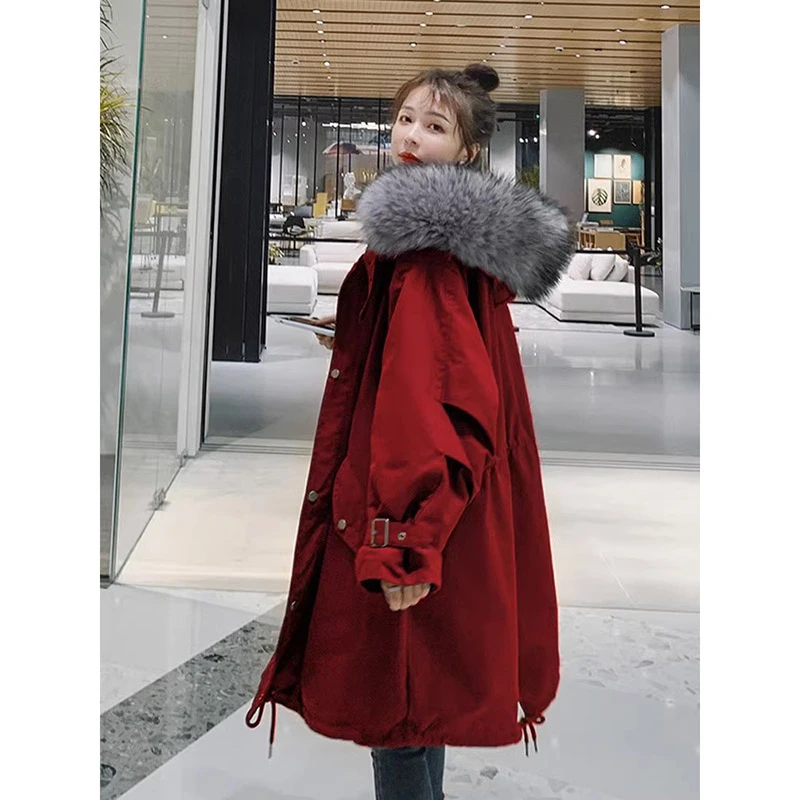 酒红色兔毛派克服女冬中长款2025新款小个子加绒加厚大衣工装外套
