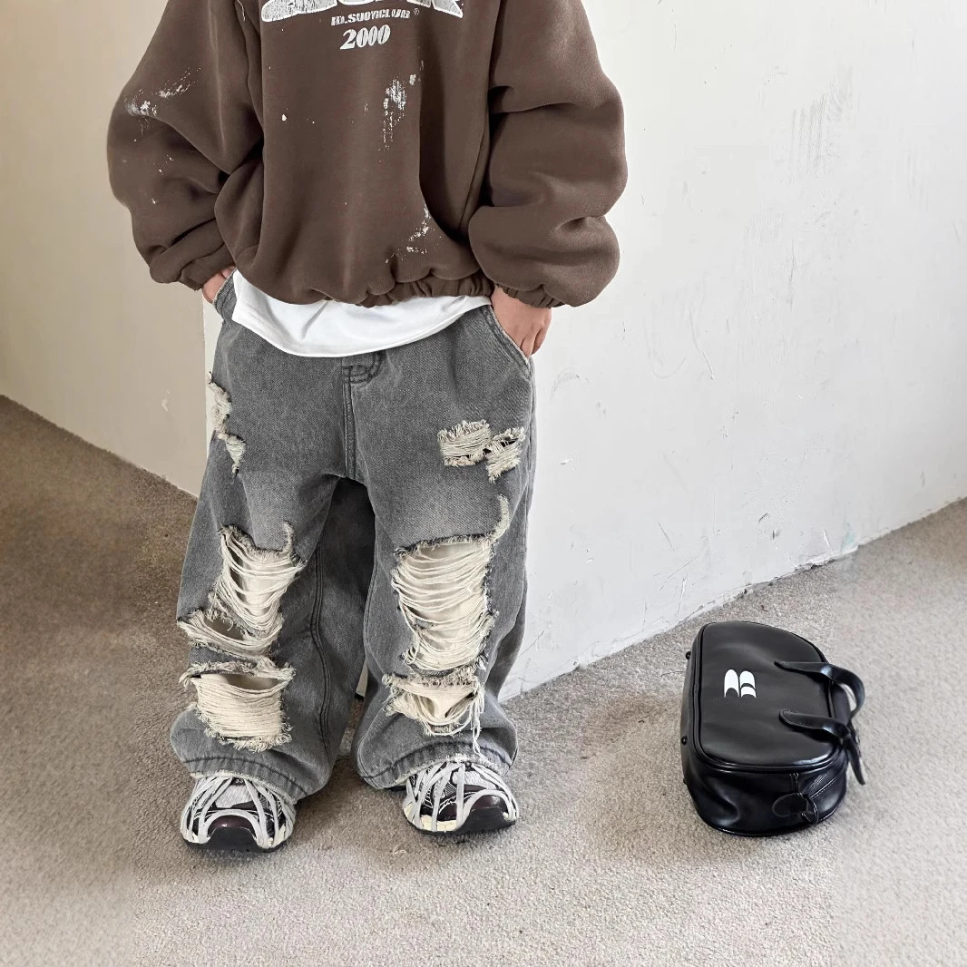 2024年冬季新款儿童加绒牛仔裤男童中小童韩版百搭长裤阔腿