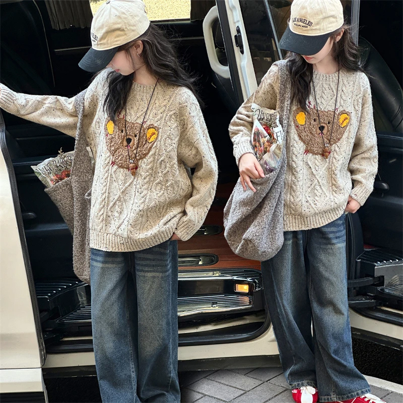 女童套装针织毛衣春秋款2025新款儿童秋装套头女孩秋装牛仔阔腿裤