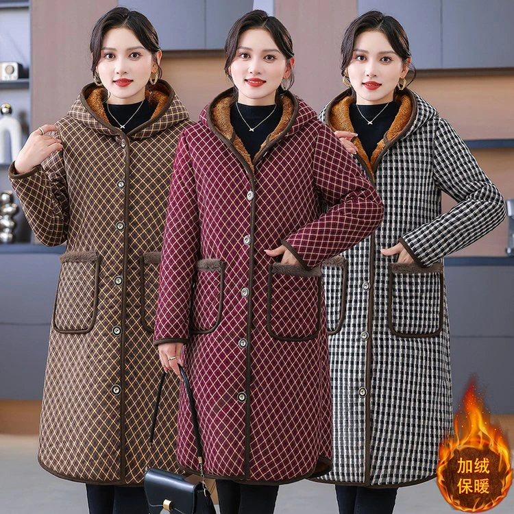 妈妈冬季新款洋气长款保暖棉衣外套中老年人大码加绒加厚过膝棉袄