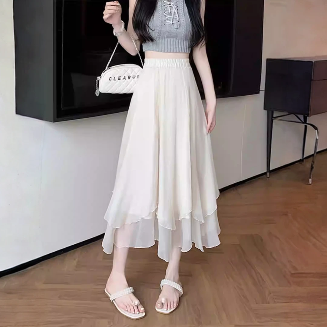 韩国不对称网眼女裙夏季新杏米色纱裙仙女裙中长高腰伞裙