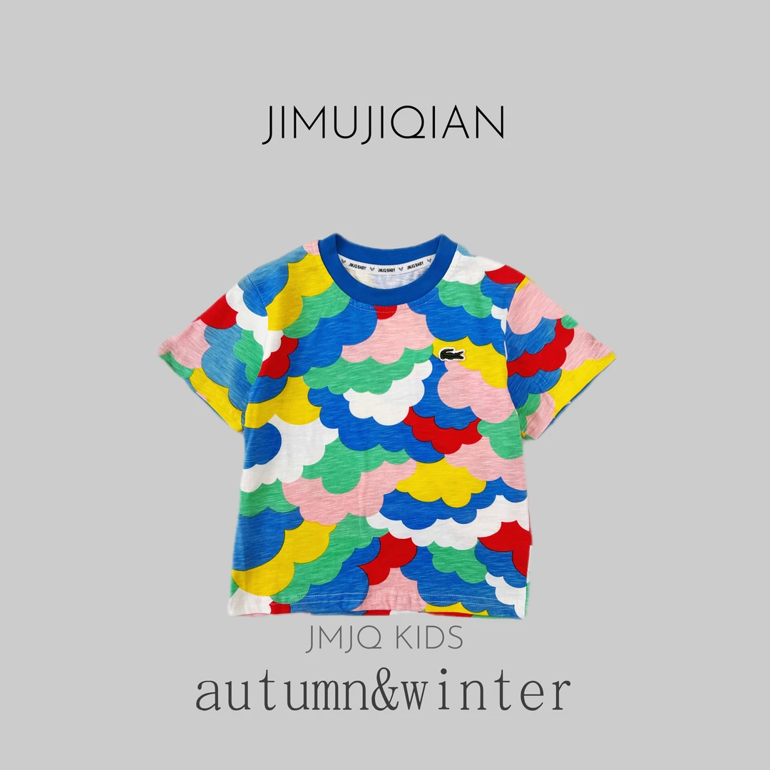 JMJQ夏季新款潮版缤纷花彩云朵彩虹短袖时尚圆领休闲T恤25121