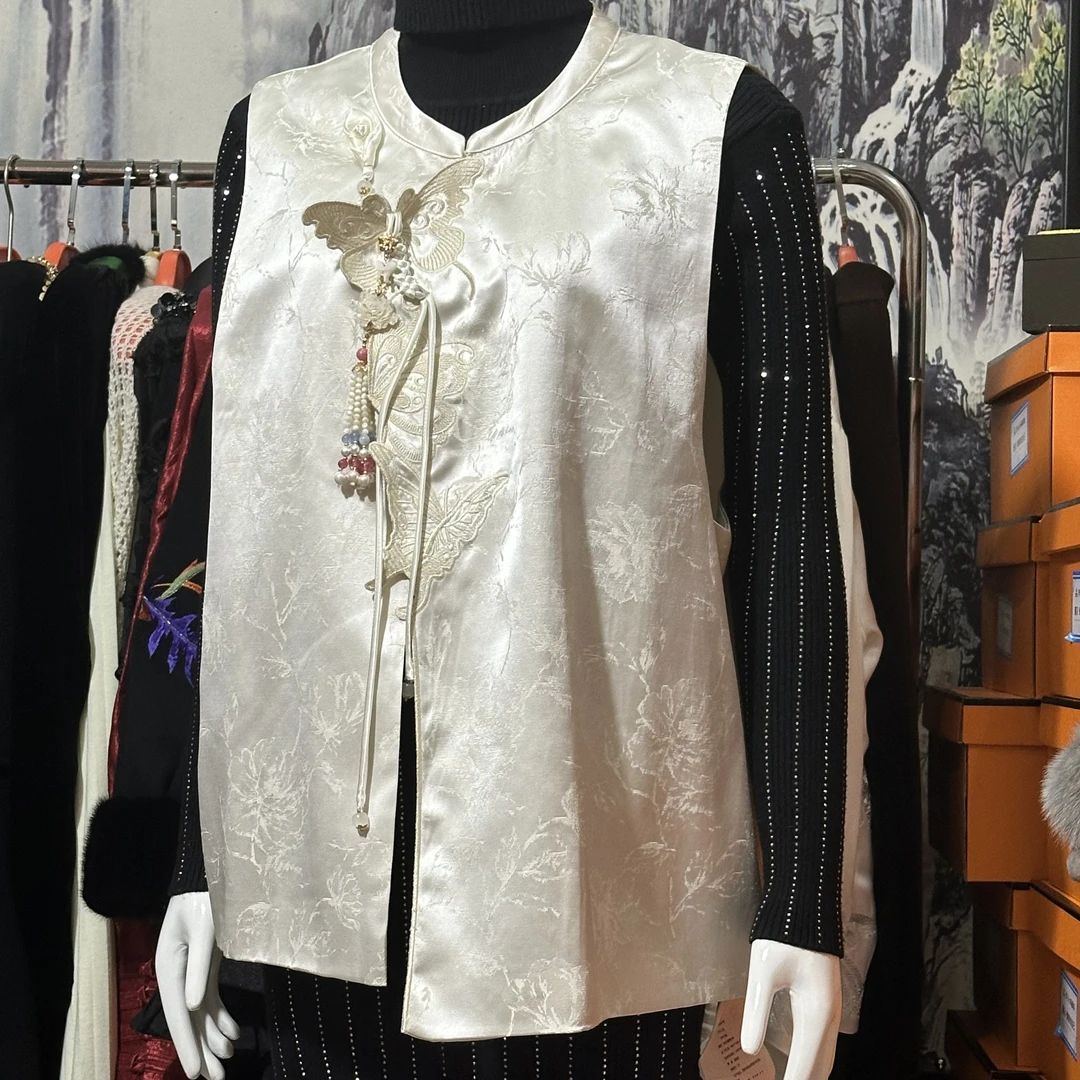 提花女士春季宽松型女装上衣新中式马夹立领藏服植物花卉