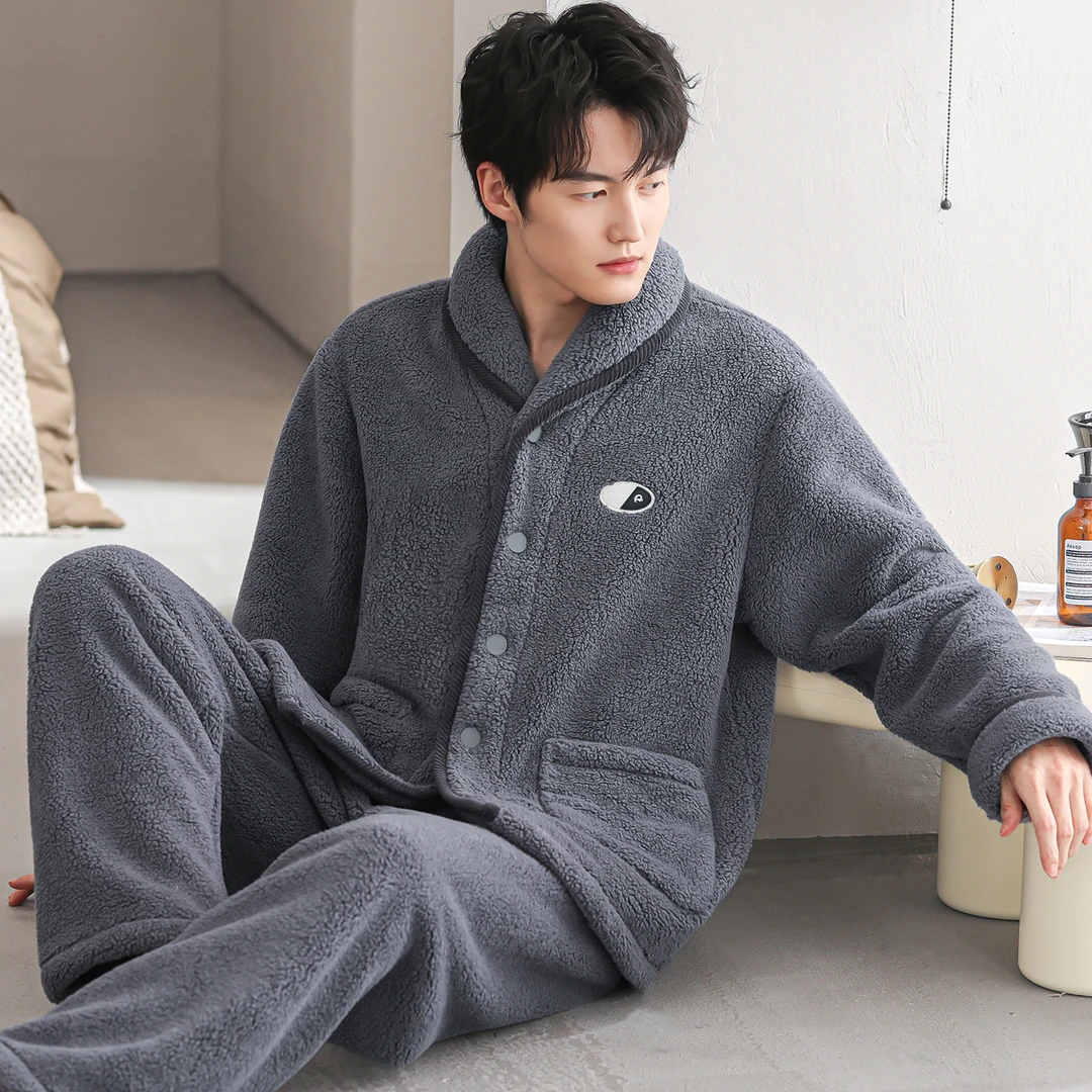 睡衣男秋冬法兰绒套装珊瑚绒家居服开衫冬季休闲大码保暖冬装冬款