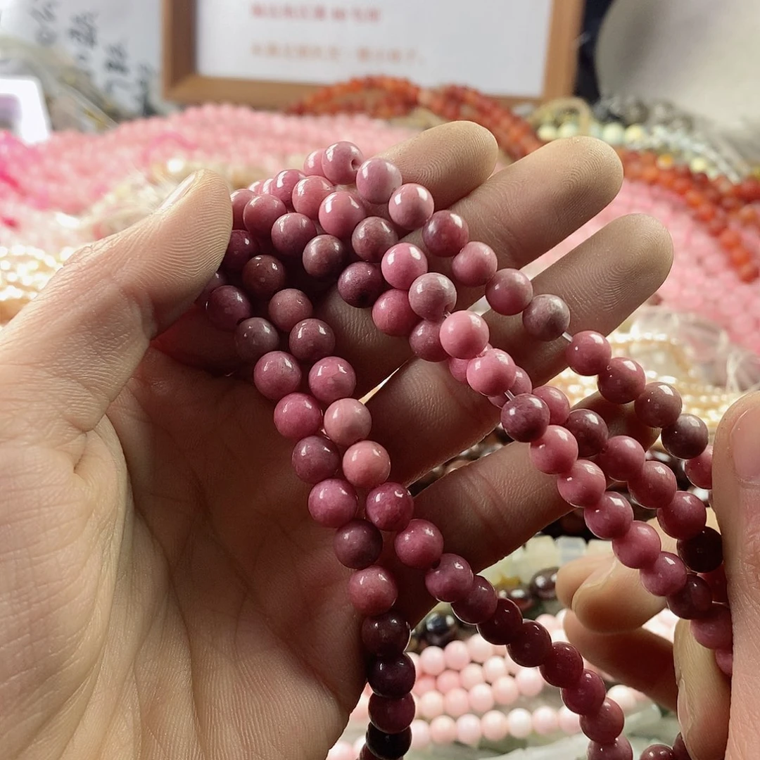 玛瑙/玉髓珠宝半成品合金一条天然7mm粉蔷薇石A177