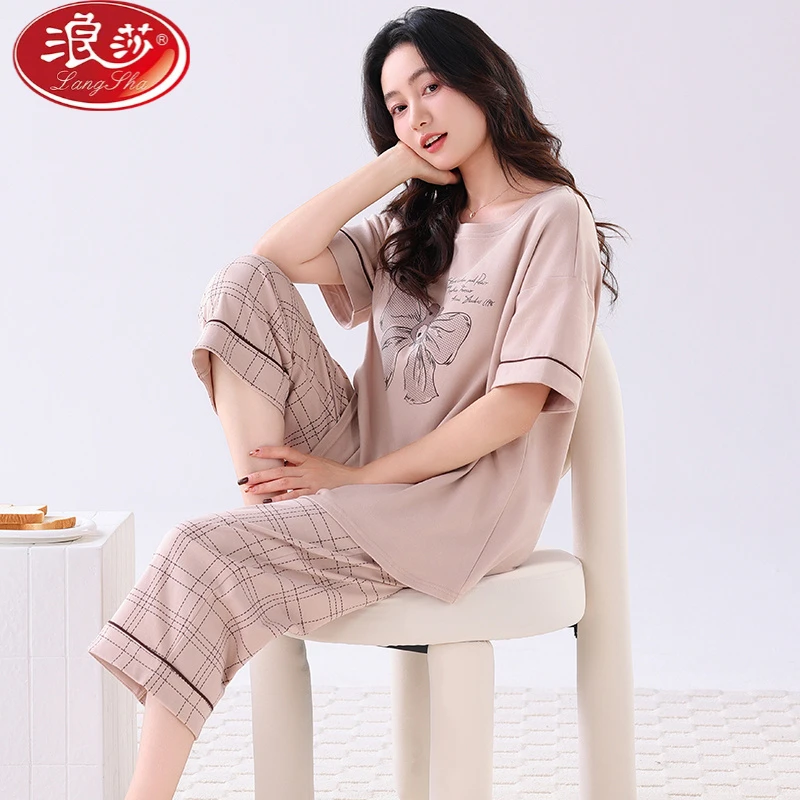 浪莎夏季薄款纯棉2025新款睡衣女短袖七分裤家居服可外穿全棉套装