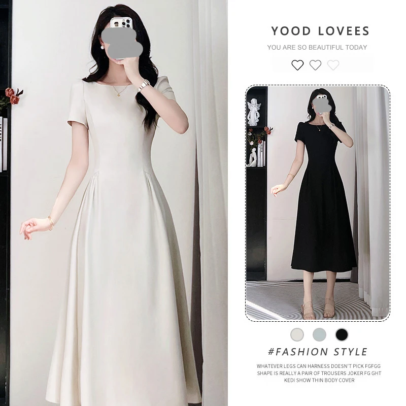 茶歇法式气质黑色连衣裙女夏季2025新款小个子高级感裙子收腰长裙